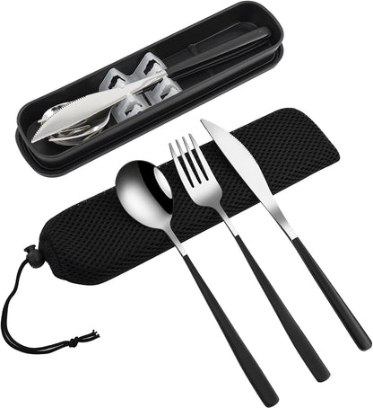 VANRA 4-Piece Portable Travel Utensils Set with Case 18/8 Stainless Steel Flatware Set Reusable Cutlery Set with Fork Spoon Knife Chopstick for Lunch Travel Camping School Work Picnic (Pink)