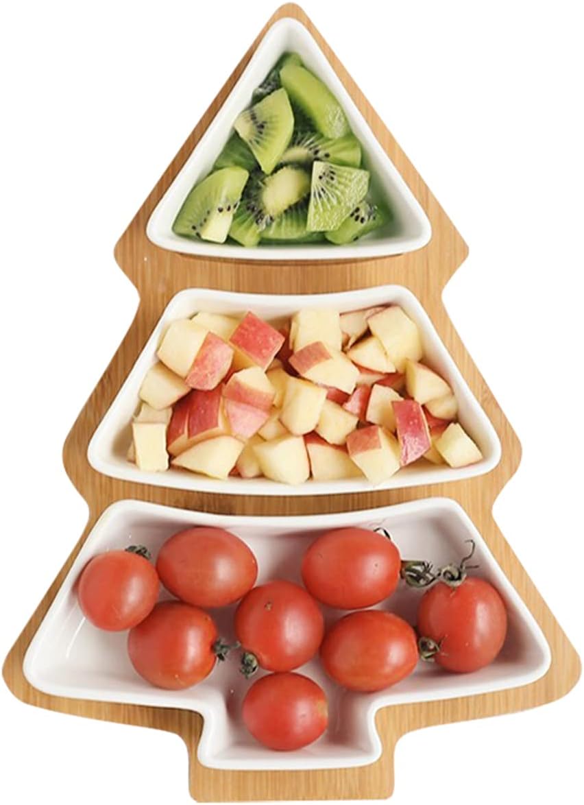 White Tree Plates Chip & Dip Set, 11 Inches Ceramic Snack Plate with Bamboo Tray, Removable Porcelain Christmas Tree Appetizer Dessert Fruit Salad Saucers Bowl, Cutlery Platter Serving Dish