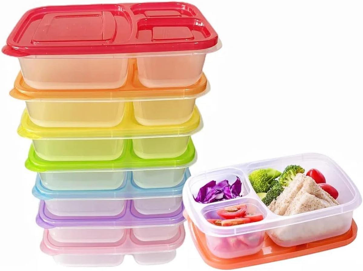 WEEK NINE Bento Lunch Boxes - Reusable 3-Compartment Food Containers for School, Work, and Travel, Set of 7