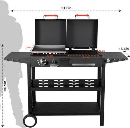 Propane and Charcoal Grill Combo, Gas Griddle Grill Combo Two Fuel BBQ Grills with Long Silicone Non-Slip Grill Gloves, Dual Fuel Lids and Side Shelves