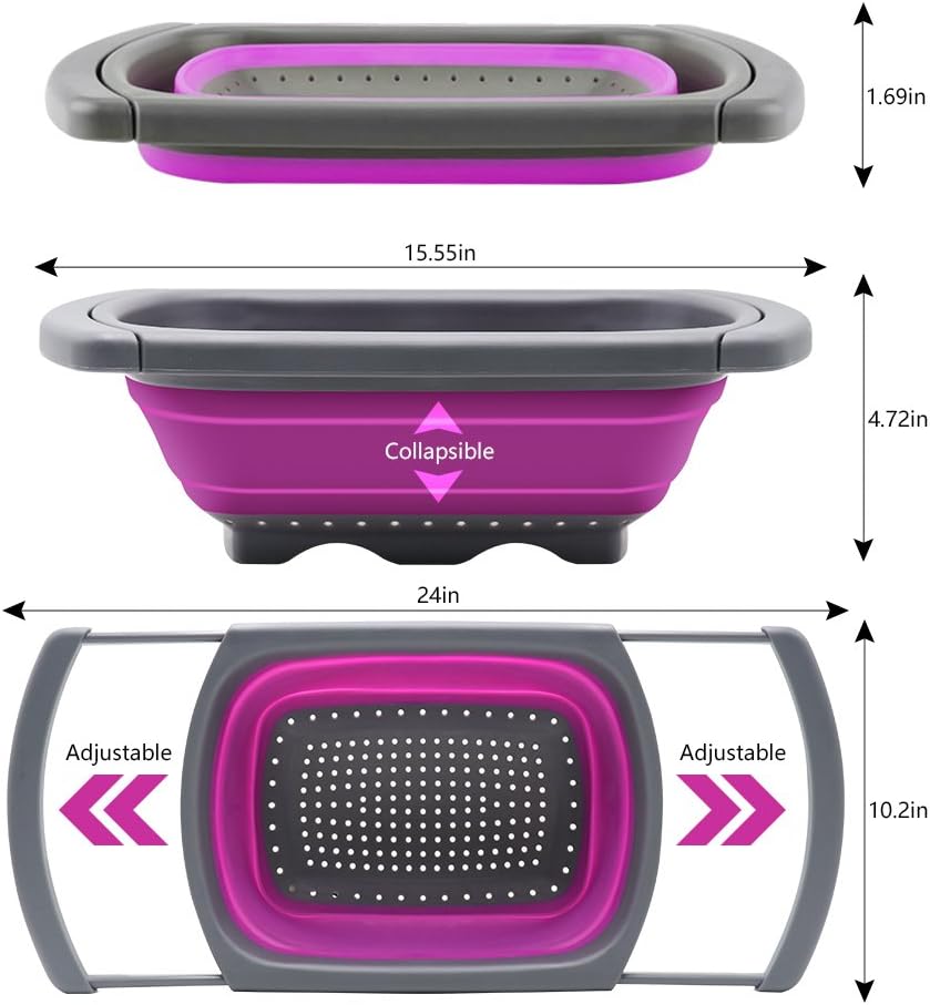 Qimh Colander Collapsible, Over The Sink Veggies/Fruit 6-Quart Strainers and Colanders with Extendable Handles, Folding Strainer for Kitchen
