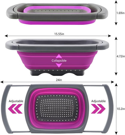 Qimh Colander Collapsible, Over The Sink Veggies/Fruit 6-Quart Strainers and Colanders with Extendable Handles, Folding Strainer for Kitchen