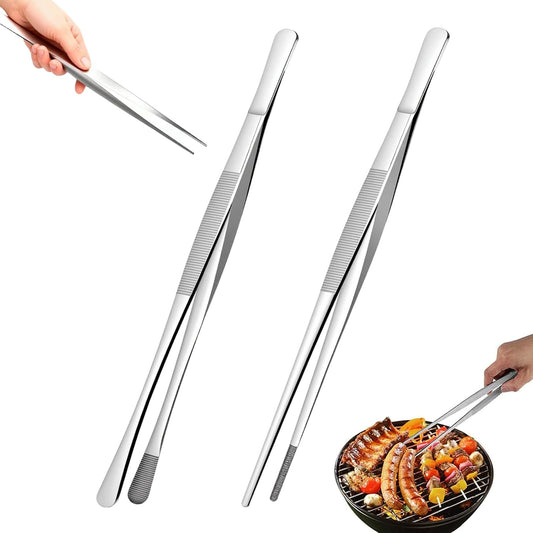 Non-Slip Kitchen Tweezers - 2 PCS Cooking Tweezers Fine Tweezer Tongs, Extra-Long Stainless Steel Kitchen Tweezer for Grilling, Serving, Frying, Plating, Food Preparation (10-Inch)