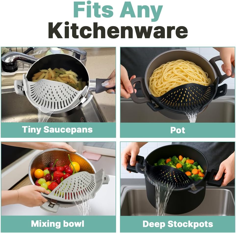 Silicone Clip On Strainer for Pots & Pans, Colander 2 Pack
