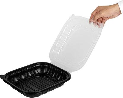 Thermo Tek 40 Ounce Clamshell Containers, 50 Disposable Take Out Boxes - 3 Compartments, Ventilated Lids, Black Plastic Meal Prep Containers, Microwavable, For Pasta Or Salads - Restaurantware