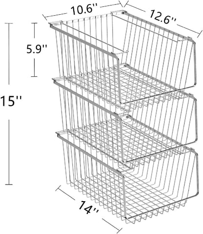 SANNO 14" Stacking Baskets Bin Wire Storage Baskets Organization Farmhouse Scoop Baksket for Pantry, Kitchen, Closets, Bathroom, Cabinets, Kitchen, Narrow, Set of 3