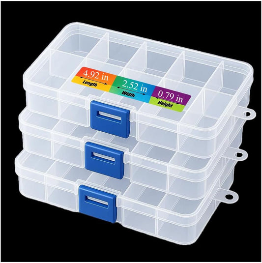 3pcs Clear Storage Small Parts Organizer Box Storage Bin With Dividers Multi Compartment for Beads Art DIY Tackle Box Organizer (10 - compartment in length)