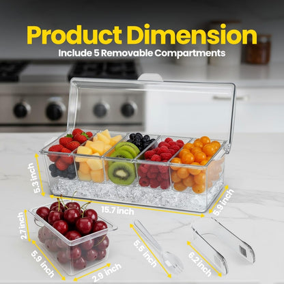 Ice Chilled Condiment Caddy with Lid – 5 Removable Compartments, Utensils Included – Buffet Server for BBQ, Taco Bar & Parties