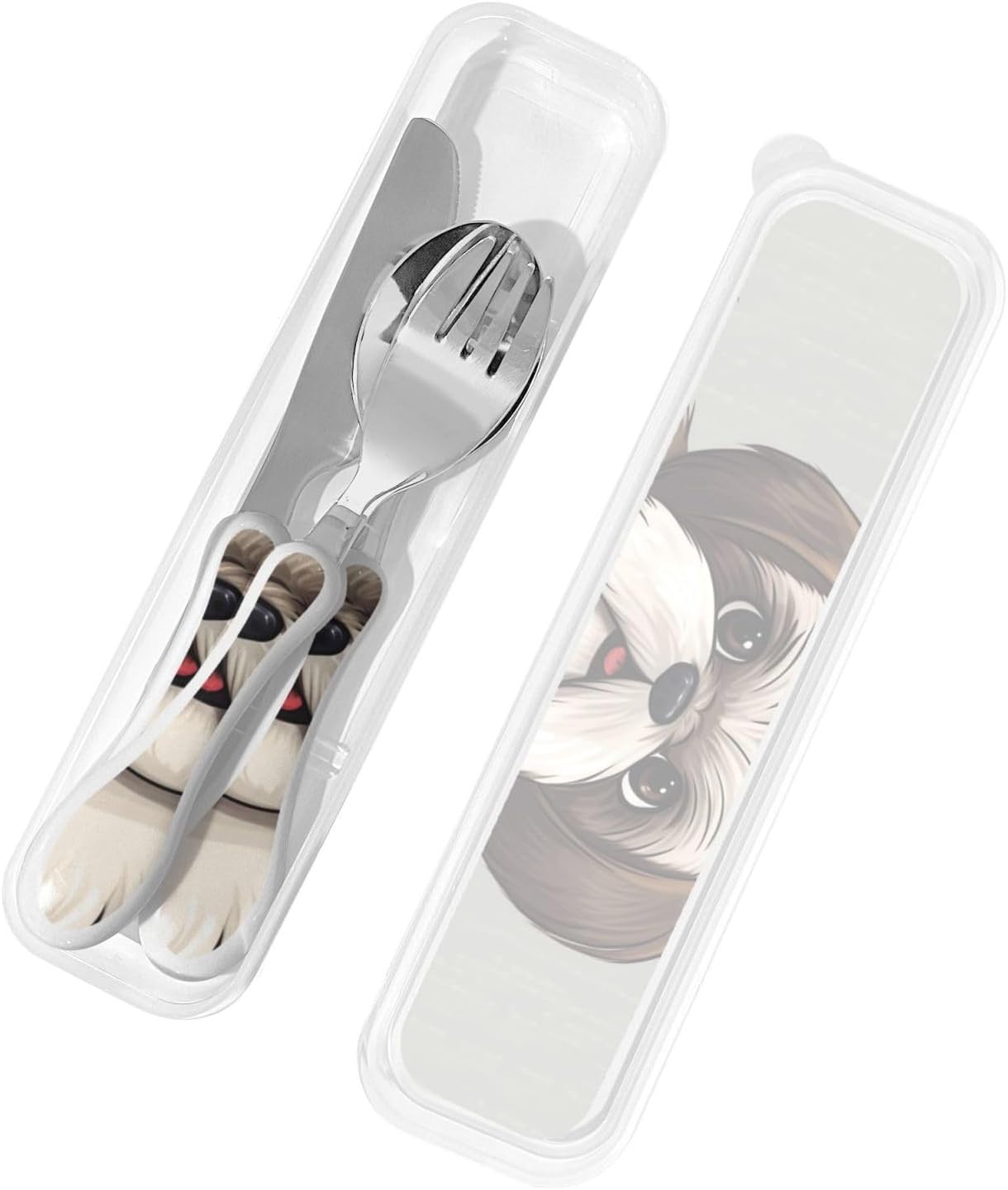 3-Piece Kids Silverware Set With Storage Case, Stainless Steel Reusable Children Safe Knife Spoon Fork Set Shih Tzu Dog Children Flatware Set For Kids Lunch Box