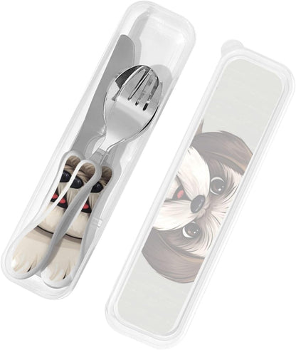 3-Piece Kids Silverware Set With Storage Case, Stainless Steel Reusable Children Safe Knife Spoon Fork Set Shih Tzu Dog Children Flatware Set For Kids Lunch Box