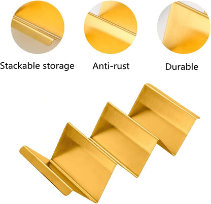 Gold Taco Holder Stand with Handles for Party, Set of 6 Stainless Steel Taco Tray, Rack Holds Up to 3 Tacos Each Stackable storage, Dishwasher Oven safe