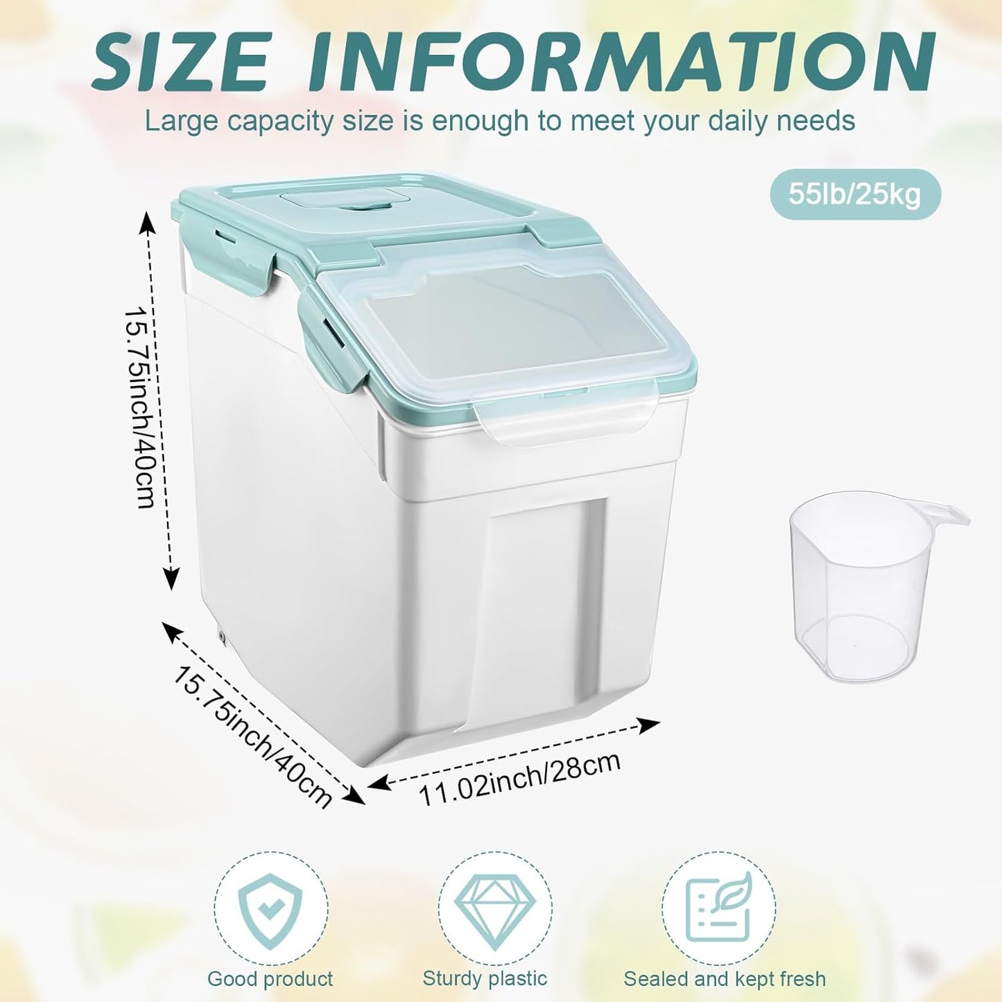 Sunnyray 4 Pcs 55 lbs Grain Rice Storage Container Flour Bin with Wheels Cup Leak Proof Pet Food Storage Boxes Seal Locking Lid Plastic Rice Containers Set for Cereal Flour Cat Dog Food (Green)