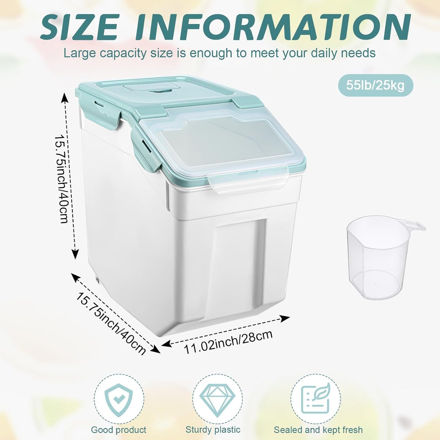 Sunnyray 4 Pcs 55 lbs Grain Rice Storage Container Flour Bin with Wheels Cup Leak Proof Pet Food Storage Boxes Seal Locking Lid Plastic Rice Containers Set for Cereal Flour Cat Dog Food (Green)