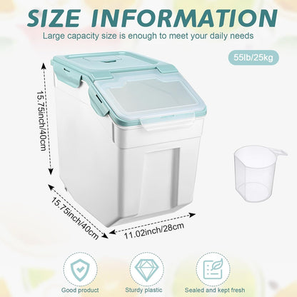 Sunnyray 4 Pcs 55 lbs Grain Rice Storage Container Flour Bin with Wheels Cup Leak Proof Pet Food Storage Boxes Seal Locking Lid Plastic Rice Containers Set for Cereal Flour Cat Dog Food (Green)