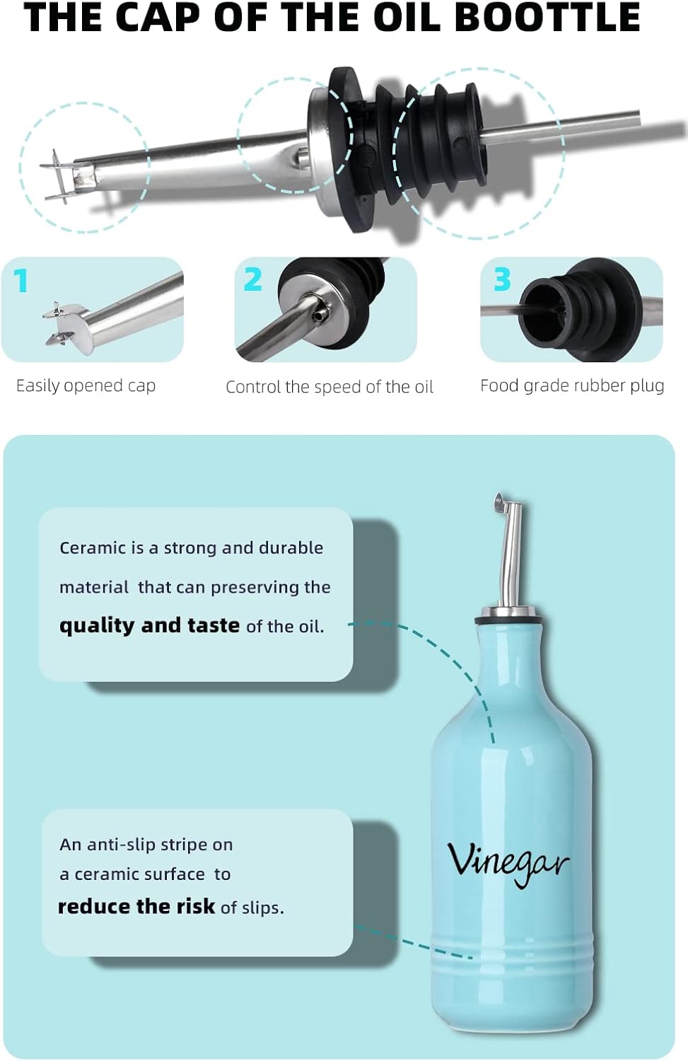 Farmhouse Ceramic Oil and Vinegar Dispenser Bottle Set, Perfect for Storage of Oil and Vinegar,15 oz (White)