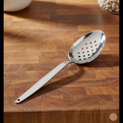 Chef Kunz Slotted Spoon | 9 Inch 18/10 Stainless Steel Silver Chef Cooking Spoons | Basting, Quenelle, Plating Spoon for Draining and Serving, Dishwasher Safe (Slotted)