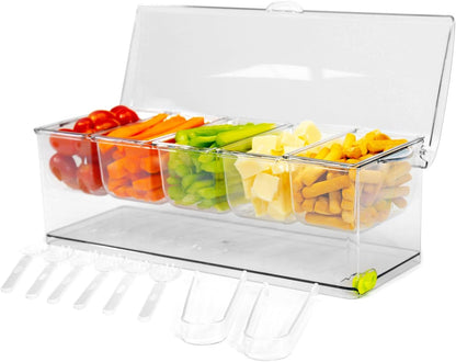 Ice Chilled 5 Compartment Condiment Serving Tray; Condiment Caddy with 5 Removable Containers; Cold Serving Trays for Food Party; Bar Accesories Fruit and Salad Caddy with Lid