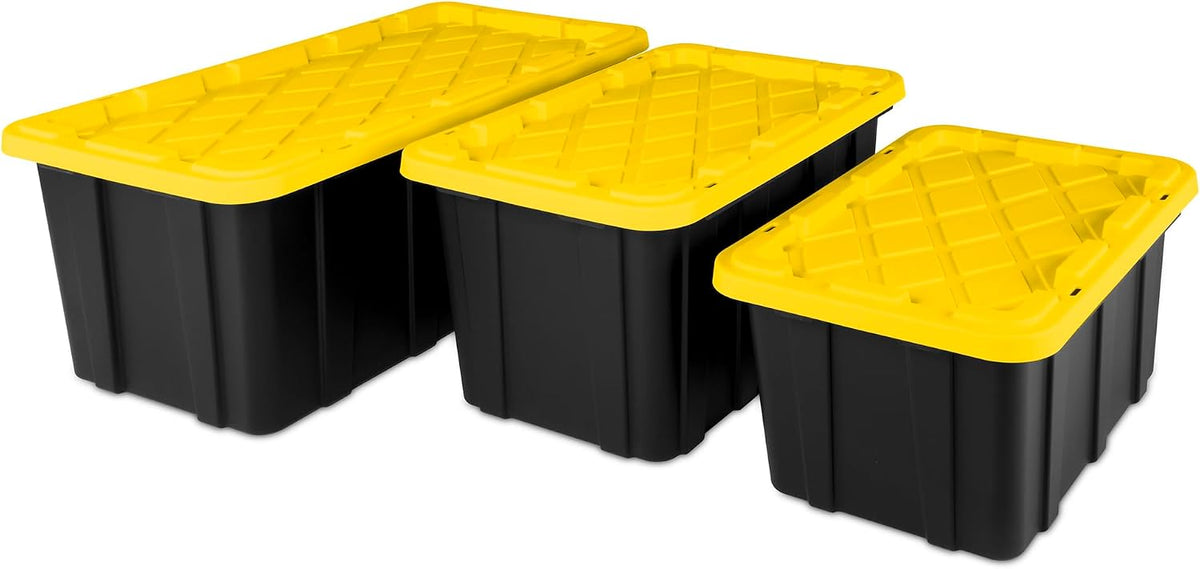Sterilite 4-Pack 27 Gallon Industrial Storage Tote, Heavy-Duty Plastic Bins, Black/Yellow - Stackable Utility Organizers with Lids for Garage, Camping Tools, and Outdoor Gear