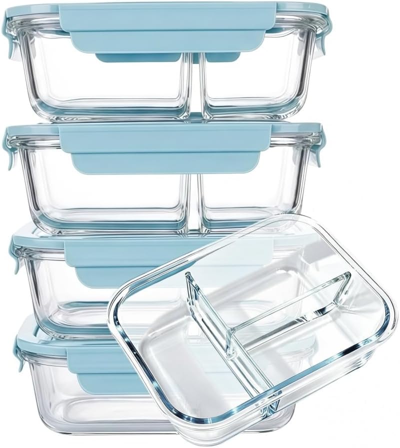 5Pack (32oz-3 Compartments with Lunch Bag) Glass Food Storage Containers with Lids for Kitchen Meal Prep, Fridge Organization, Lunch Box