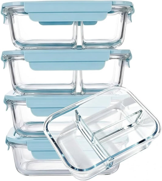 5Pack (32oz-3 Compartments with Lunch Bag) Glass Food Storage Containers with Lids for Kitchen Meal Prep, Fridge Organization, Lunch Box