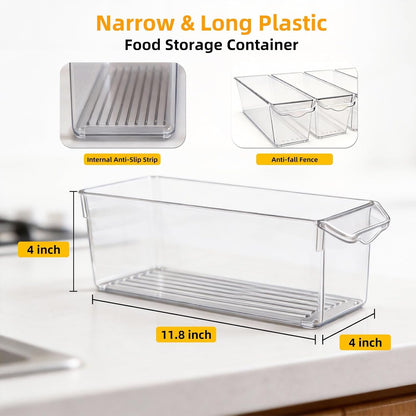 4 Pack Slim Fridge Organizer Bins, BPA Free Clear Refrigerator Storage Containers, Clear Pantry Organization & Cabinet Bins with Handles, Narrow Freezer Bin for Kitchen, Mini Fridge
