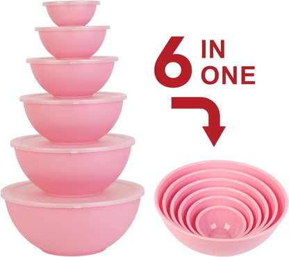 BoxedHome BPA Free Plastic Round Mixing Bowl with Lids, 12 Pack Nesting Bowls with Lids Set, Microwave and Dishwasher Safe Prep & Serving Bowls Great for Mixing, Baking, Serving (pinkish green, 12pcs)