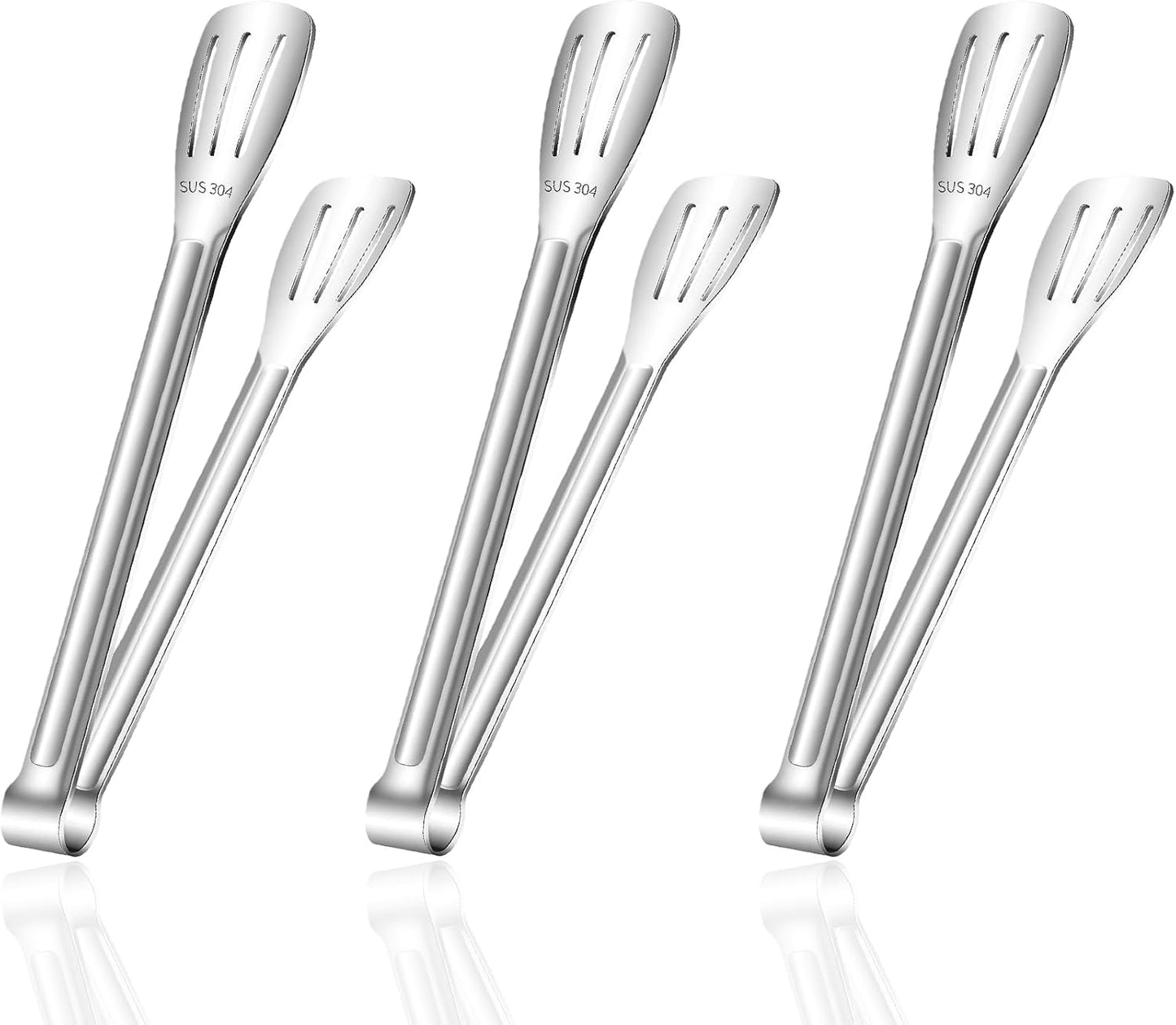 Stainless Steel Kitchen Tong Set - Anti-Slip Heat-Resistant Grip, Widened 3-Line Slotted Heads for Easy Clamping (Steaks, BBQ, Pasta, Salads), Easy Clean for Versatile Use Set of 3-6", Silver
