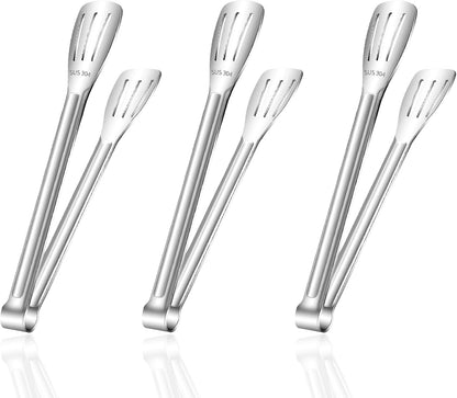 Stainless Steel Kitchen Tong Set - Anti-Slip Heat-Resistant Grip, Widened 3-Line Slotted Heads for Easy Clamping (Steaks, BBQ, Pasta, Salads), Easy Clean for Versatile Use Set of 3-6", Silver
