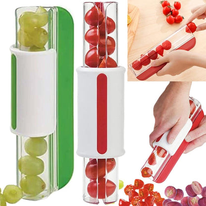 Tomato Slicer & Grape Cutter for Cherry Tomatoes – Safe Fruit Cutter with Hidden Stainless Steel Blade, Easy Push Small Fruit Slicer for Grapes, Strawberries & Snacks, Dishwasher Safe, Red