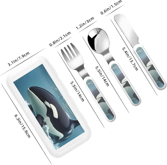 Stainless Steel Kids Silverware Set, Orca Killer Whale Utensil Set Reusable Children Safe Knife Spoon Fork Set With Storage Case Dishwasher Safe For Lunch, Travel Outdoors