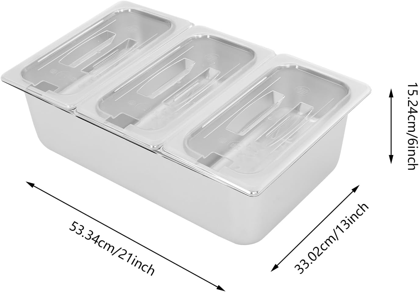 3/4/6 Compartment Stainless Steel Fruit Serving Set with Removable Acrylic Lids, Drainage Mats - Commercial Food Storage Containers for Buffet, Restaurant (3-Pan)