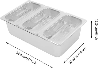 3/4/6 Compartment Stainless Steel Fruit Serving Set with Removable Acrylic Lids, Drainage Mats - Commercial Food Storage Containers for Buffet, Restaurant (3-Pan)