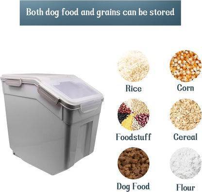 AnRui Airtight Flour Storage Container 25lb, Plastic Grain Storage Bucket, Rice Cereal Dispenser Organizer Box with Lid, Cat Dog Food Storage Bin with Measuring Cup, Scoop, Wheels, 2Pcs Green