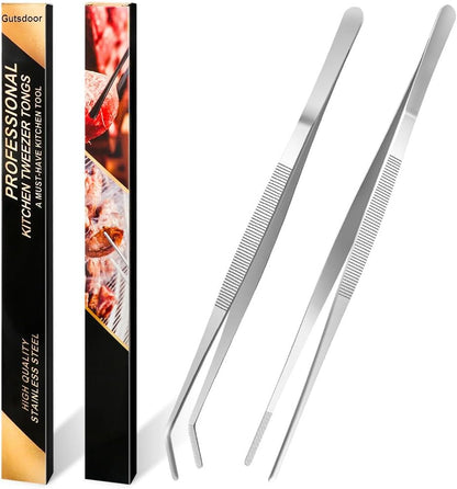 Gutsdoor Kitchen Tweezers Set Stainless Steel Tongs Tweezers Set of 2 with Precision Serrated Tips for Cooking (8 Inch Set)