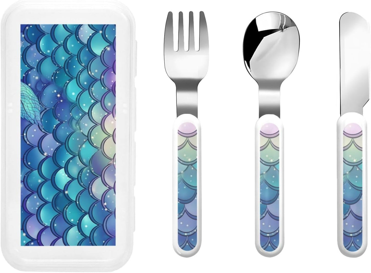 3-Piece Children Utensils Set Water Lily Mermaid Scales Knife Spoon Fork Set Stainless Steel Silverware Set Easy-Grip Reusable Utensils Set Child Flatware Set with Case for Lunch Travel