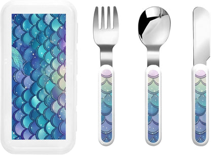 3-Piece Children Utensils Set Water Lily Mermaid Scales Knife Spoon Fork Set Stainless Steel Silverware Set Easy-Grip Reusable Utensils Set Child Flatware Set with Case for Lunch Travel
