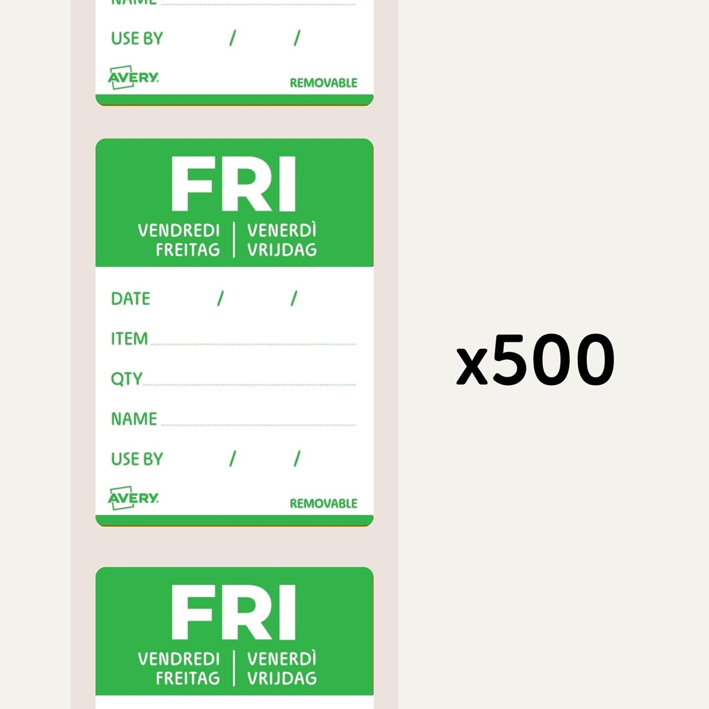 Avery Removable, Hand Writable, Detailed Food Day Labels, Strong Adhesive, 40 x 56 mm, Sunday, Black, 500 Labels, Preprinted Design (DLDSUNREV-500)