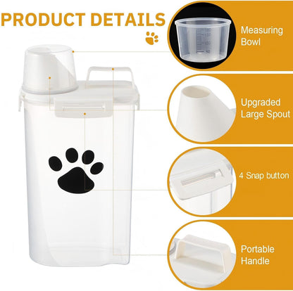 1 Pack Upgraded Dog Food Storage Container with Measuring Cup, Portable Pet Food Containers with Upgraded Large Spout and Cup for Dogs, Cats, Birds, Small Animals (Cream)