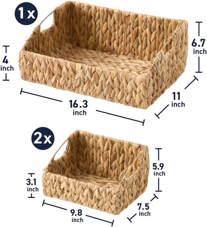 Ornavo Home 3-Pack Water Hyacinth Storage Baskets with Handles, Natural | Handwoven Decorative Natural Organizer For Shelves, Pantry, Closet Or Living Room