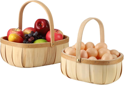 2 Pcs Handwoven Baskets, Sturdy Wooden Fruit Baskets with Comfortable Handles, Decorative & Storage Baskets, Rustic Bushel Baskets for Eggs, Vegetables, Picnic, Beige