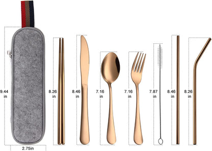 DEVICO Camping Utensils, 8-Piece Full-Size Reusable Silverware for Lunch Adult, Stainless Steel Portable Fork Spoon Knife Set for Work, Travel Cutlery Set with Case and Chopsticks Straws (Rainbow)