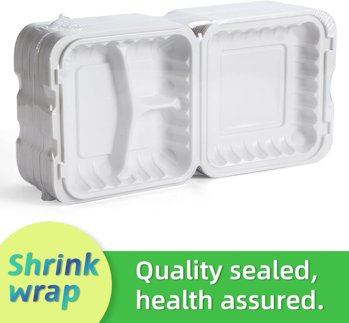 Takeout Container Mineral Filled PP Plastic - 7.8 Inch 30oz 65 Pack BPA Free 3 Compartments Shrink Wrap Bento Box | Freezer & Microwave Safe for Picnic | Black Reusable & Disposable Containers