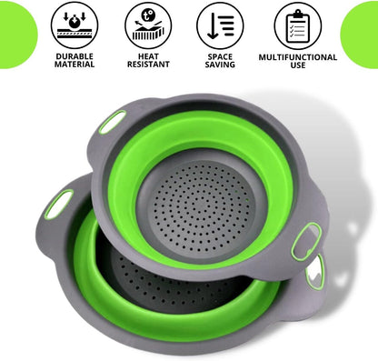3PCS Green Foldable Kitchen Strainer Set – Silicone Colander Collapsible Strainers and Colanders Green Collander for Kitchen Collapsible Compact Drain Tools for Cooking Prep