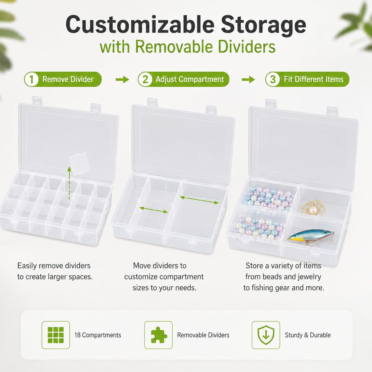 APACALI 6 Pack Plastic Organizer Box with Dividers, 18 Grids Clear Tackle Box Organizer, Adjustable Compartment Storage Boxes for Beads, Jewelry, Crafts, Fishing Lures, Screws and Small Parts