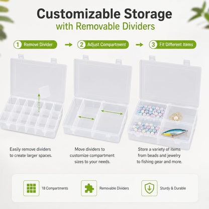 APACALI 6 Pack Plastic Organizer Box with Dividers, 18 Grids Clear Tackle Box Organizer, Adjustable Compartment Storage Boxes for Beads, Jewelry, Crafts, Fishing Lures, Screws and Small Parts