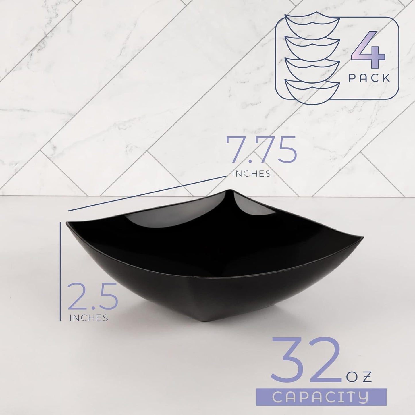 PLASTICPRO Disposable Square Serving Bowls, Party Snack or Salad Bowl, Plastic Clear or White Pack of 4 (16 OUNCE, White)