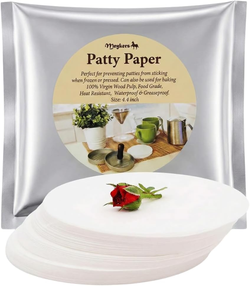 Meykers Patty Paper Sheets for 4/4.5 Inch Burger Press | 500 pcs Round | Hamburger Maker Non-Stick Heat Resistant Circle Wax Parchment Paper chaffle Cookie Cake Bake