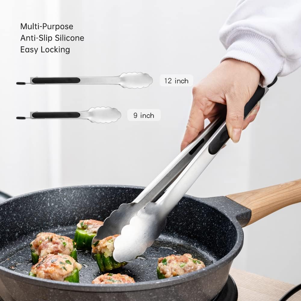 Stainless Steel Tongs Set, Food Grade Stainless Steel Kitchen Tongs, Heat Resistant 600 Degrees, for Cooking, BBQ Barbecue, Grilling, Buffet, Serving (7"+9"+12")