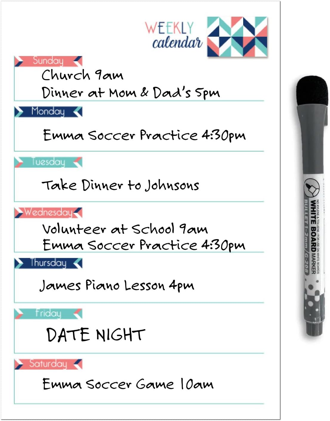Dry Erase Weekly Calendar Planner Sticker Decal | Removable & Reusable | Magnetic Fine-Tip Marker Included (6 x 9 inches, White)