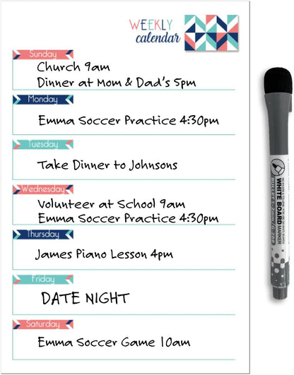 Dry Erase Weekly Calendar Planner Sticker Decal | Removable & Reusable | Magnetic Fine-Tip Marker Included (6 x 9 inches, White)